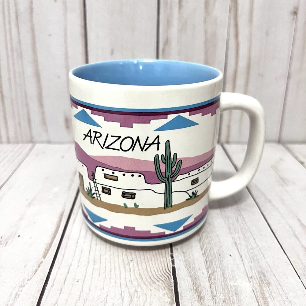 MAACK Vintage Arizona Blue Mug Adobe Saguaro Roadrunner Desert Southwest